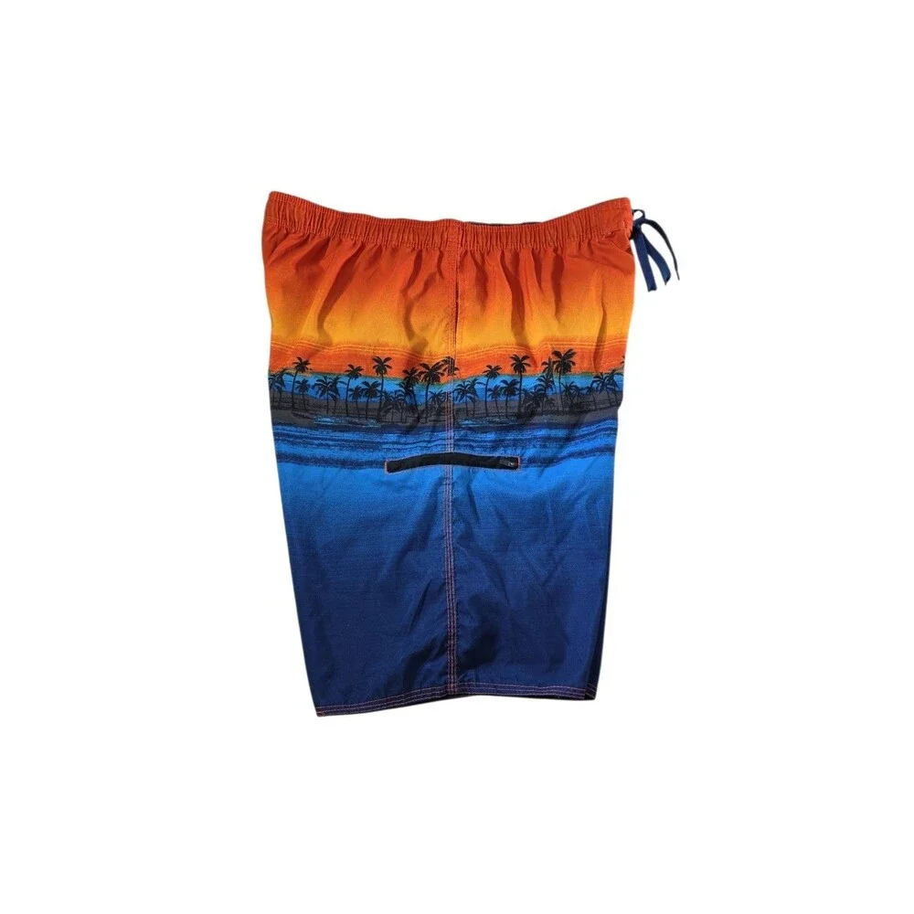 Burnside Mens 2XL Board Shorts Hawaiian Sunset Palm Tree Print Zip Pocket Blue